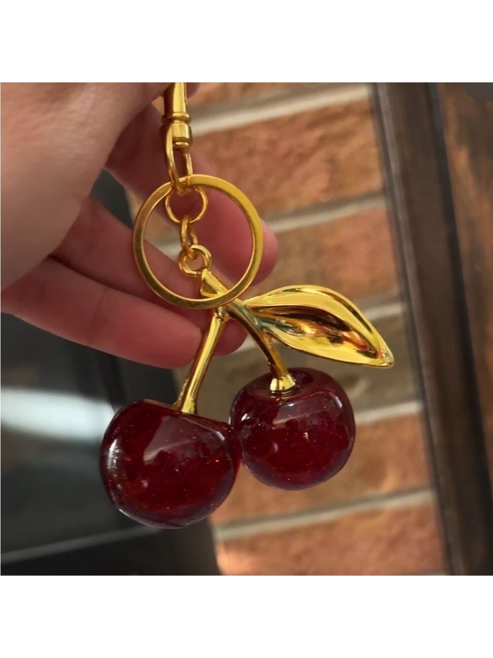 Deep Red Glitter Cherry Bag Charm Keychain Gold Tone Leaf Purse Accessory